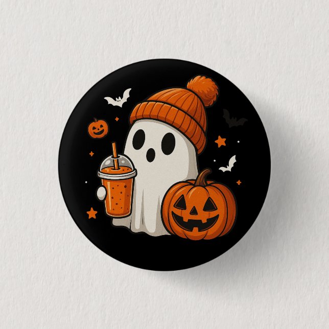 Cute Halloween Ghost with Pumpkin and Drink  Button (Front)