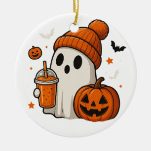 Cute Halloween Ghost with Pumpkin and Drink  Ceramic Ornament