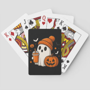 Cute Halloween Ghost with Pumpkin and Drink Poker Cards