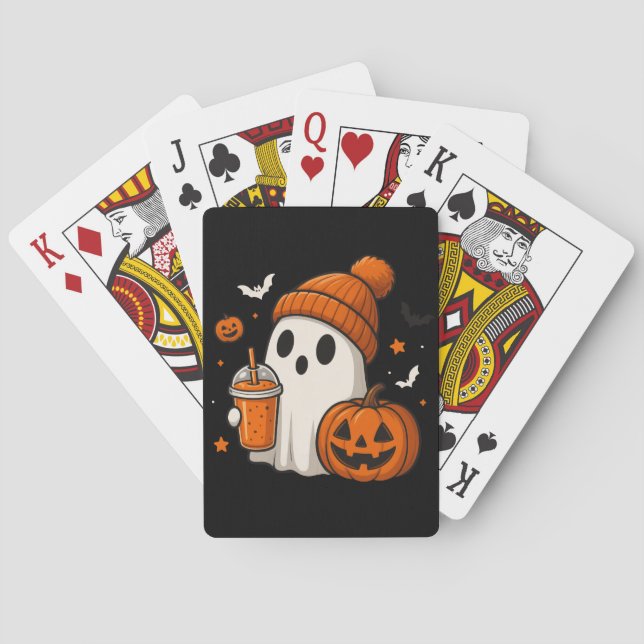 Cute Halloween Ghost with Pumpkin and Drink  Poker Cards (Back)