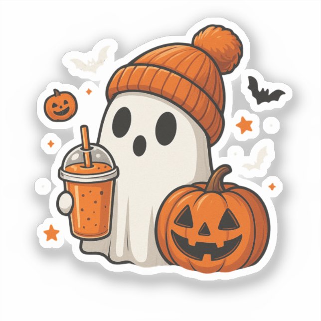 Cute Halloween Ghost with Pumpkin and Drink  Sticker (Front)