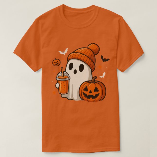 Cute Halloween Ghost with Pumpkin and Drink  T-Shirt (Design Front)