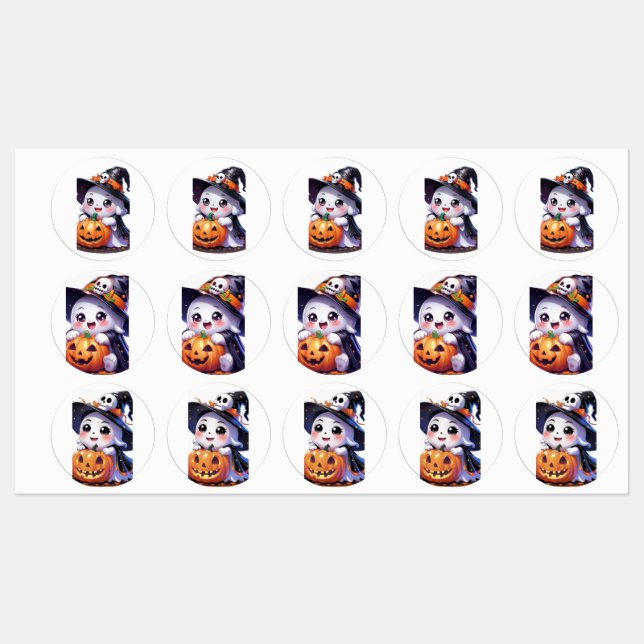 Cute Halloween Ghost with Pumpkin  Kids' Labels (Sheet)
