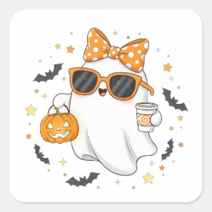 Cute Halloween Ghost with Pumpkin Square Sticker