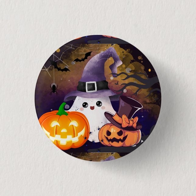Cute Halloween Ghost with Witch Hat and Pumpkins Button (Front)