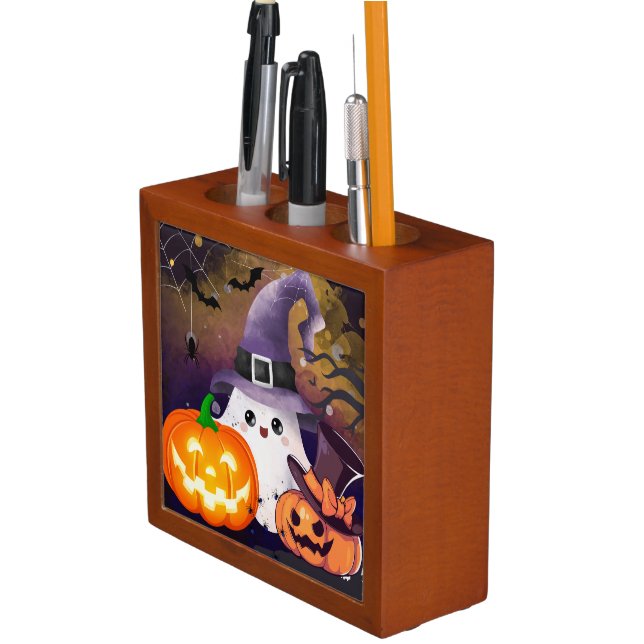 Cute Halloween Ghost with Witch Hat and Pumpkins Desk Organizer (In Situ)