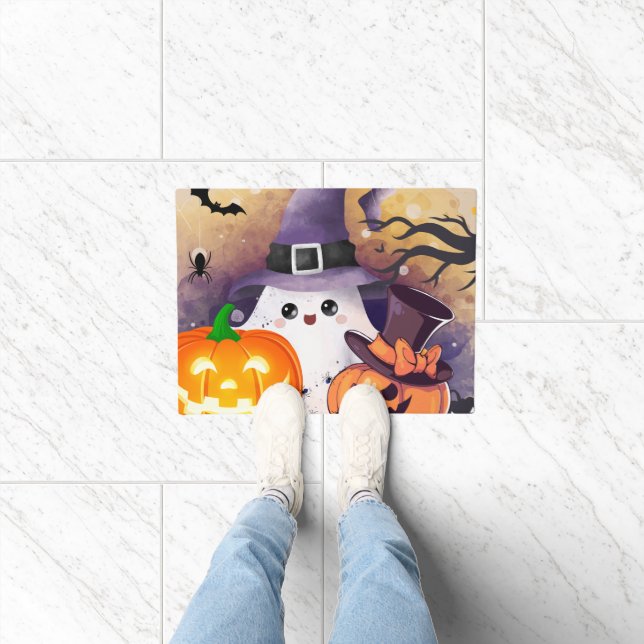 Cute Halloween Ghost with Witch Hat and Pumpkins Doormat (Indoor)