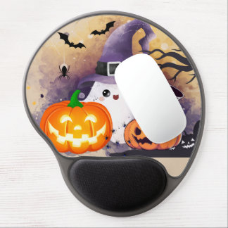 Cute Halloween Ghost with Witch Hat and Pumpkins Gel Mouse Pad