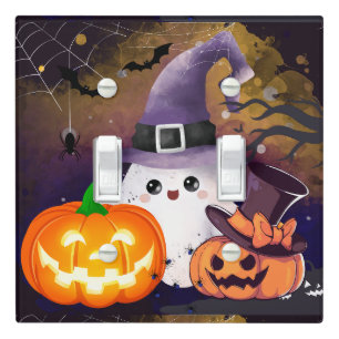 Cute Halloween Ghost with Witch Hat and Pumpkins Light Switch Cover