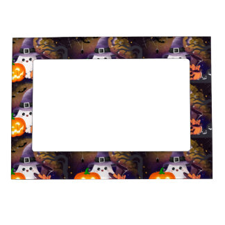 Cute Halloween Ghost with Witch Hat and Pumpkins Magnetic Frame