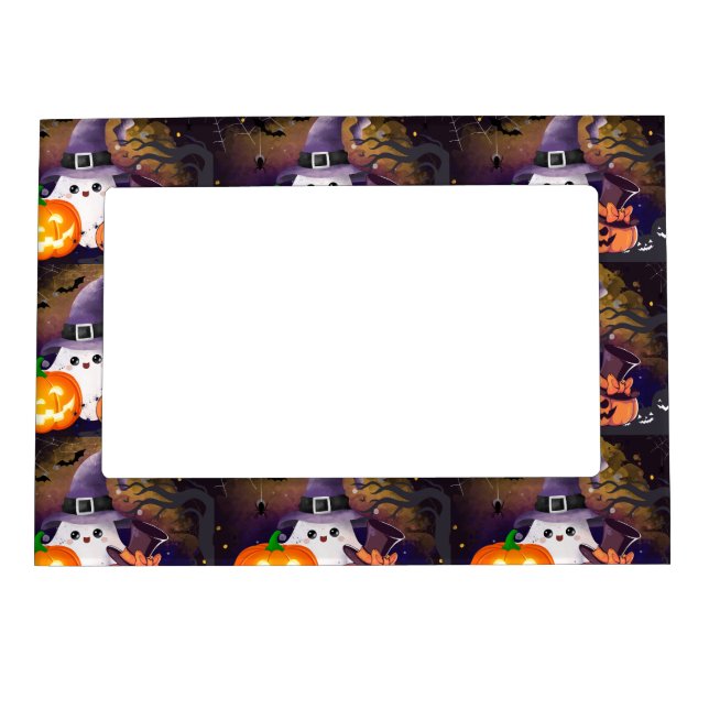 Cute Halloween Ghost with Witch Hat and Pumpkins Magnetic Frame (Front)