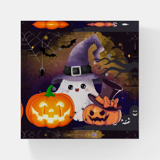 Cute Halloween Ghost with Witch Hat and Pumpkins Paperweight