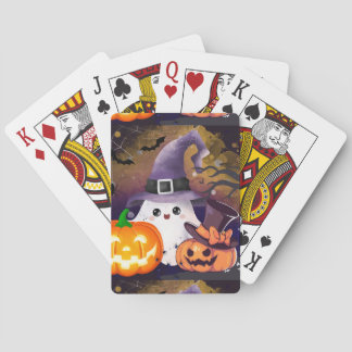 Cute Halloween Ghost with Witch Hat and Pumpkins Poker Cards