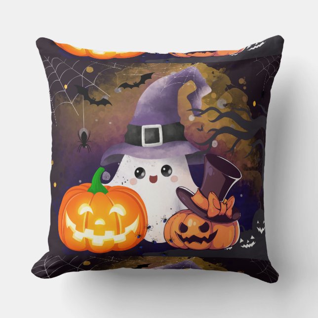 Cute Halloween Ghost with Witch Hat and Pumpkins Throw Pillow (Front)