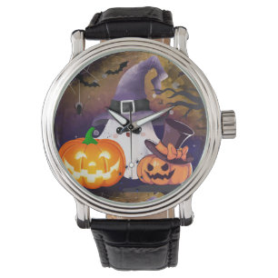 Cute Halloween Ghost with Witch Hat and Pumpkins Watch