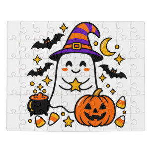 Cute Halloween Ghost with Witch Hat, Pumpkin Jigsaw Puzzle
