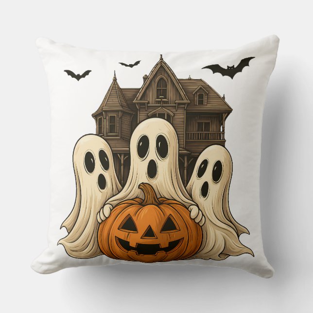 Cute Halloween Ghosts and Haunted House Design Throw Pillow (Front)