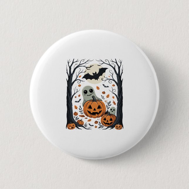 Cute Halloween Ghosts and Jack O Lantern Forest Button (Front)