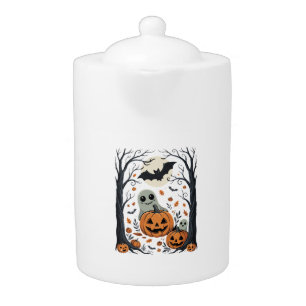 Cute Halloween Ghosts and Jack O Lantern Forest Teapot