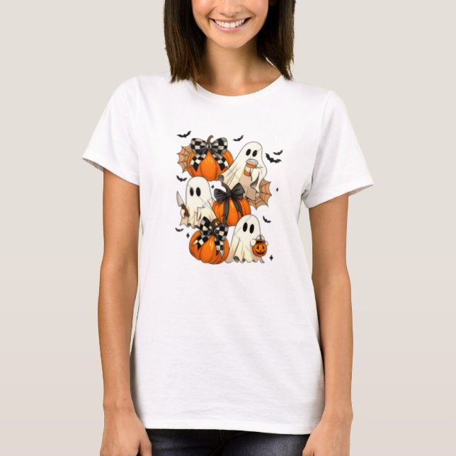 Cute Halloween Ghosts and Pumpkins T-Shirt (Front)