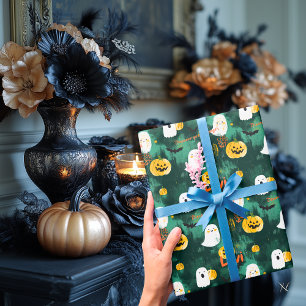 Cute Halloween Ghosts and Pumpkins Wrapping Paper