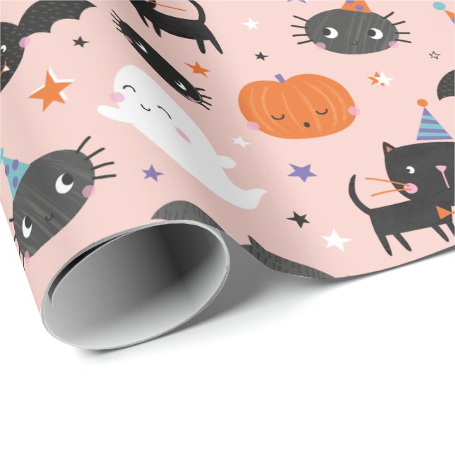 Cute Halloween Ghosts, Cats, Bats and Pumpkins Wrapping Paper (Roll Corner)