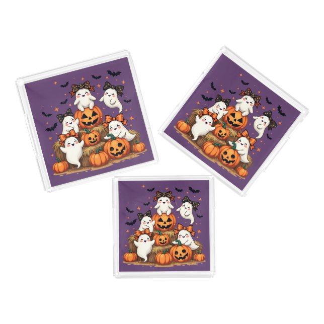 Cute Halloween Ghosts In Coquette Bows & Pumpkins Acrylic Tray (Set)