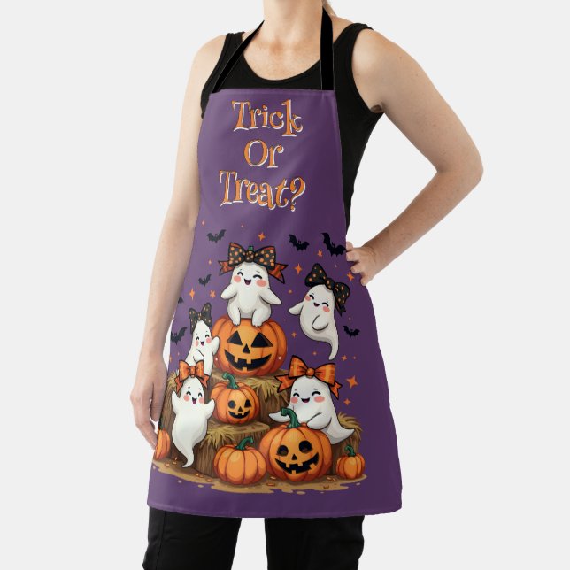 Cute Halloween Ghosts In Coquette Bows & Pumpkins Apron (Insitu)