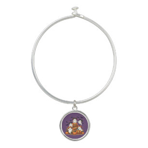Cute Halloween Ghosts In Coquette Bows & Pumpkins Bangle Bracelet