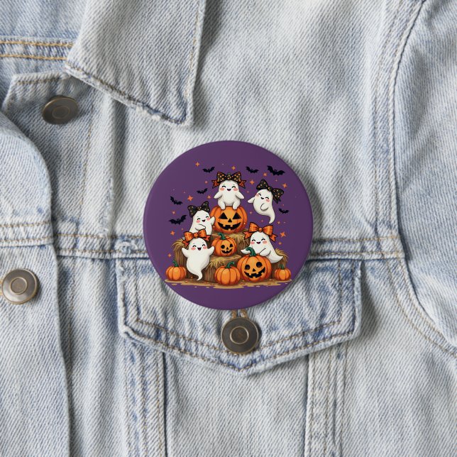 Cute Halloween Ghosts In Coquette Bows & Pumpkins Button (In Situ)