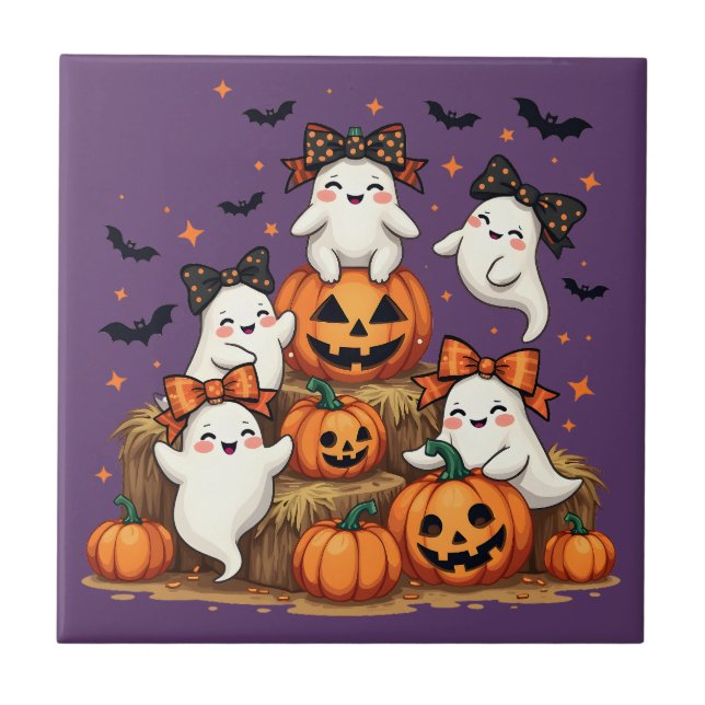 Cute Halloween Ghosts In Coquette Bows & Pumpkins Ceramic Tile (Front)