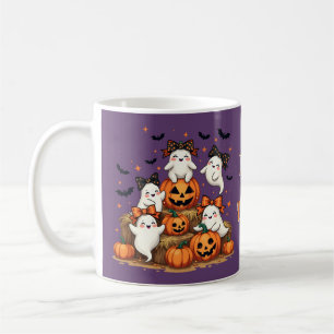 Cute Halloween Ghosts In Coquette Bows & Pumpkins Coffee Mug