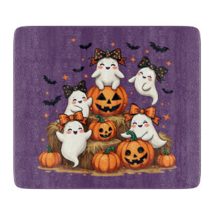 Cute Halloween Ghosts In Coquette Bows & Pumpkins Cutting Board