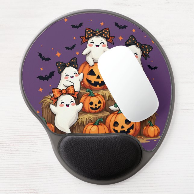 Cute Halloween Ghosts In Coquette Bows & Pumpkins Gel Mouse Pad (Left Side)
