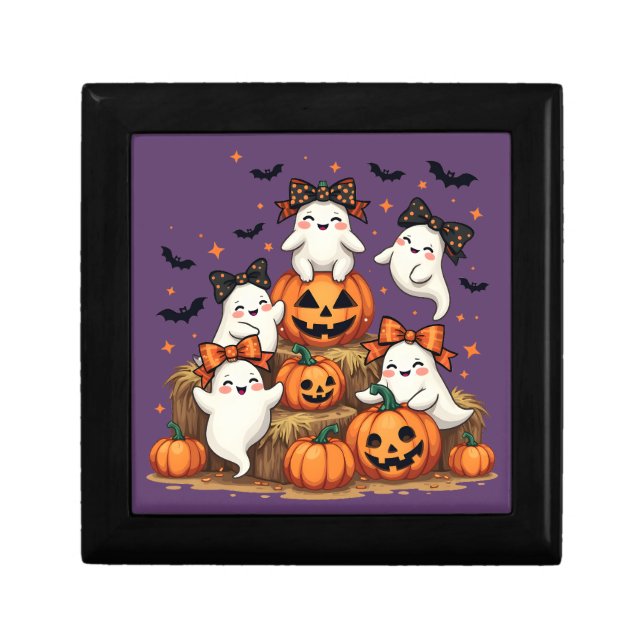 Cute Halloween Ghosts In Coquette Bows & Pumpkins Gift Box (Front)