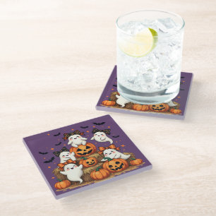 Cute Halloween Ghosts In Coquette Bows & Pumpkins Glass Coaster