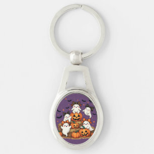 Cute Halloween Ghosts In Coquette Bows & Pumpkins Keychain