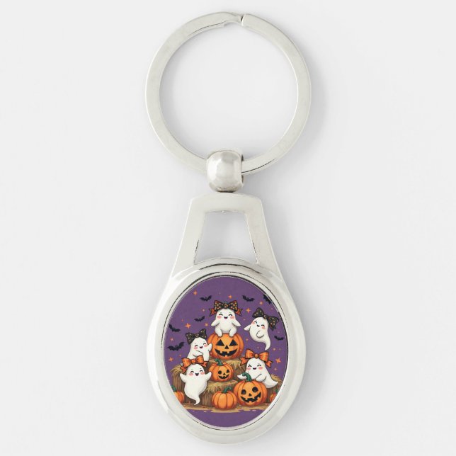 Cute Halloween Ghosts In Coquette Bows & Pumpkins Keychain (Front)