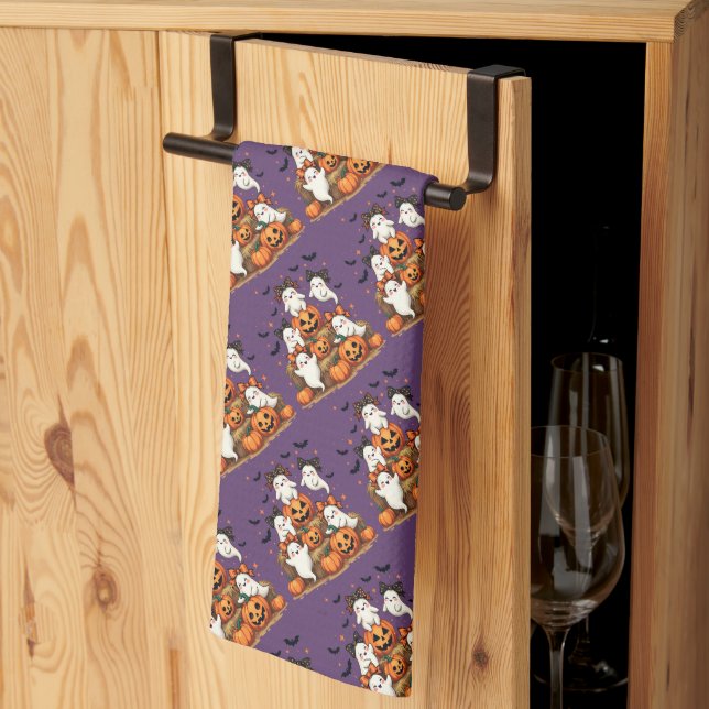 Cute Halloween Ghosts In Coquette Bows & Pumpkins Kitchen Towel (Thirds Fold)