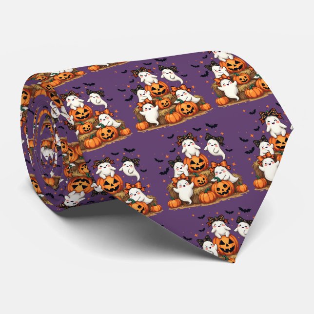 Cute Halloween Ghosts In Coquette Bows & Pumpkins Neck Tie (Rolled)