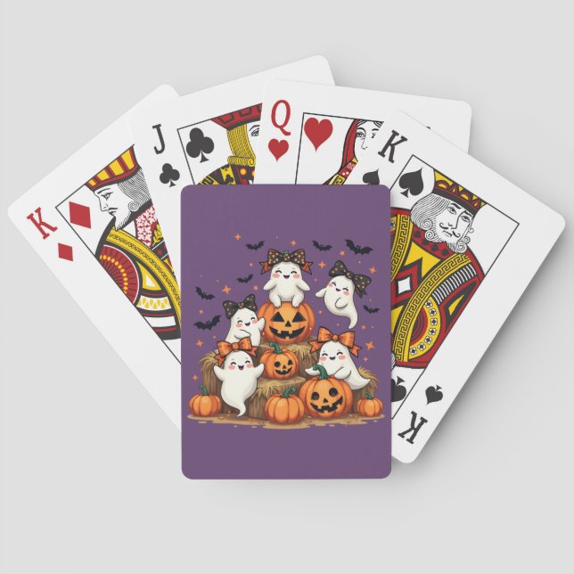 Cute Halloween Ghosts In Coquette Bows & Pumpkins Poker Cards (Back)