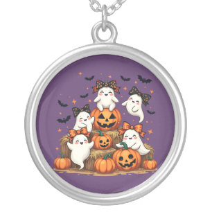 Cute Halloween Ghosts In Coquette Bows & Pumpkins Silver Plated Necklace