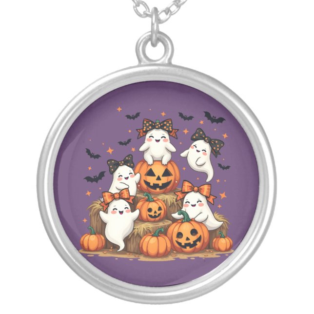 Cute Halloween Ghosts In Coquette Bows & Pumpkins Silver Plated Necklace (Front)