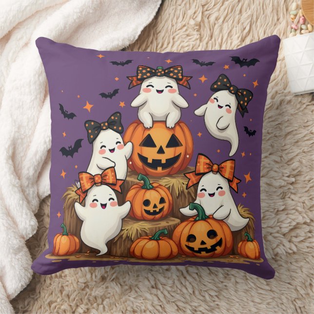 Cute Halloween Ghosts In Coquette Bows & Pumpkins Throw Pillow (Blanket)