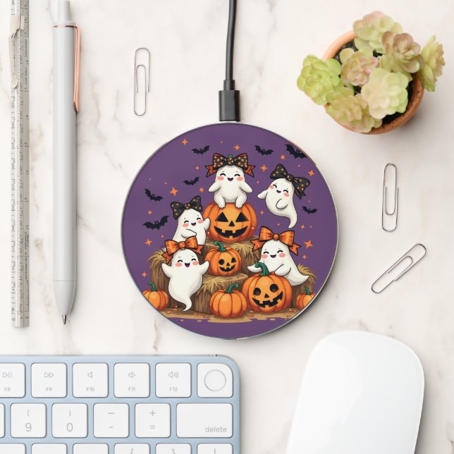 Cute Halloween Ghosts In Coquette Bows & Pumpkins Wireless Charger (Desk)