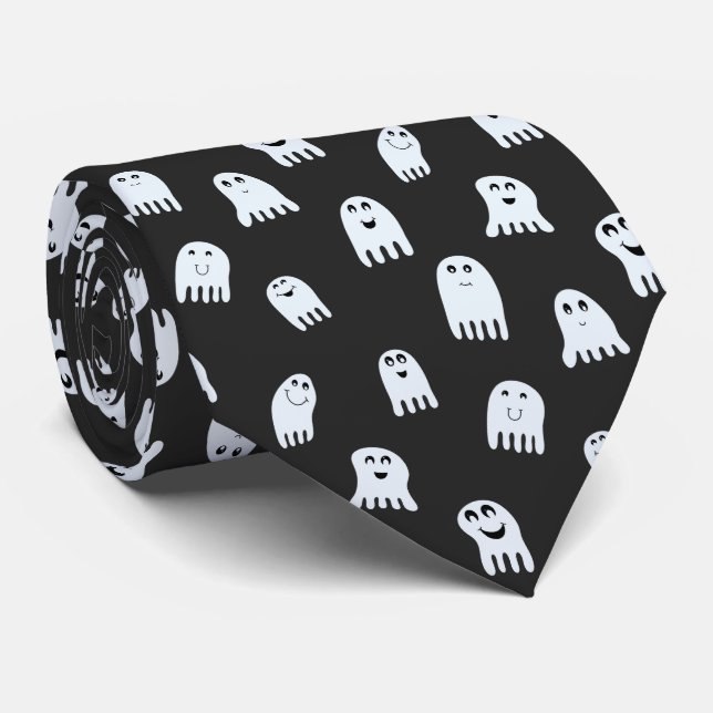 Cute Halloween Ghosts in White & Charcoal Black  Neck Tie (Rolled)