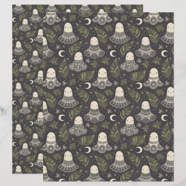 Cute Halloween Ghosts Lace - Green Scrapbook Paper (Front/Back)