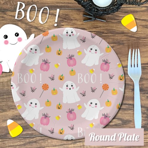 Cute Halloween Ghosts Pink Paper Plate