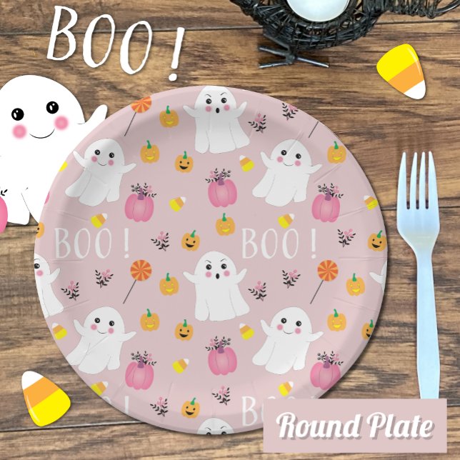 Cute Halloween Ghosts Pink Paper Plate (This cute Halloween ghosts round paper plate is available in two sizes : 7 " or 9" . )