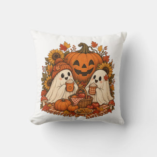 Cute Halloween Ghosts Pumpkin Autumn Picnic Spooky Throw Pillow
